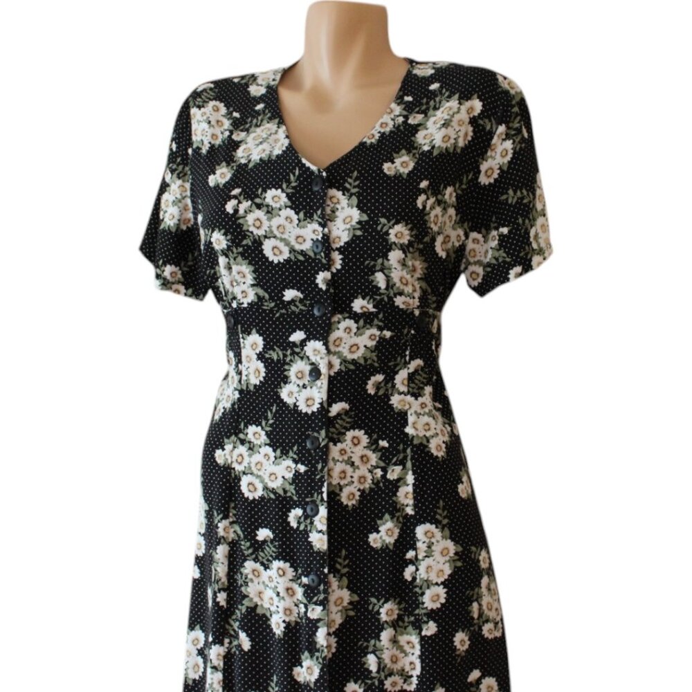 Vintage Black Maxi Dress with White Floral Print and Green Leaves